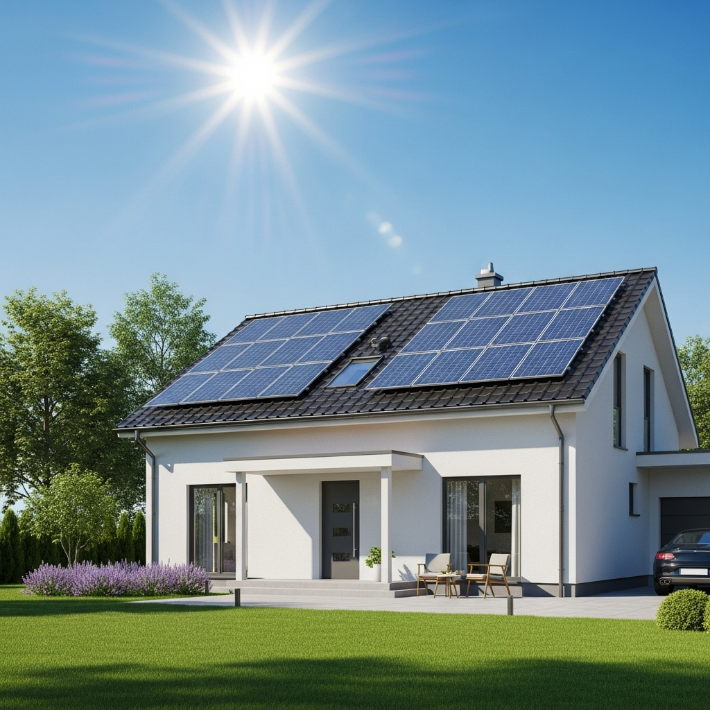 Maison moderne avec panneaux solaires sur le toit